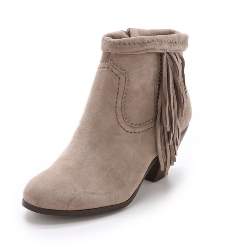 Sam Edelman Women's Louie Ankle Fringe Bootie Tan, Grey Taupe Suede 7.5